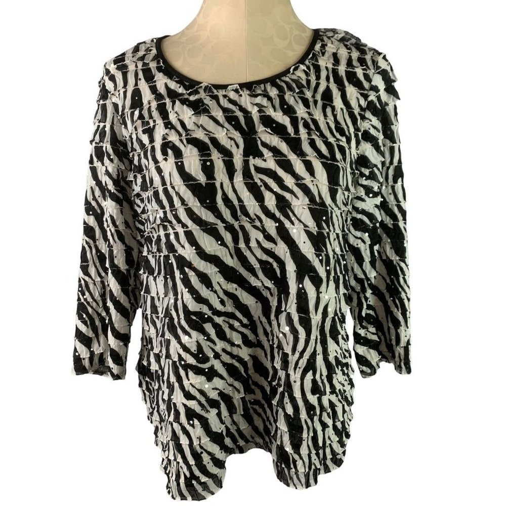 Large Elementz Women's Black White Zebra Print Ruffle Pullover Stretch Top